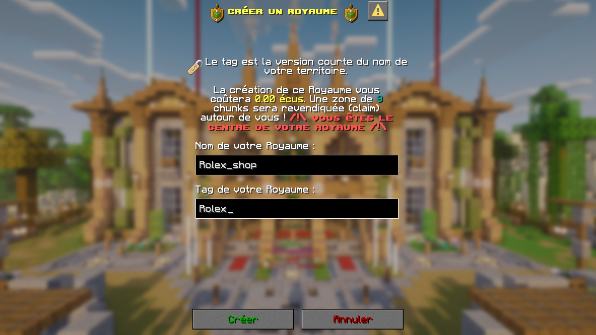 Menu de création du royaume
